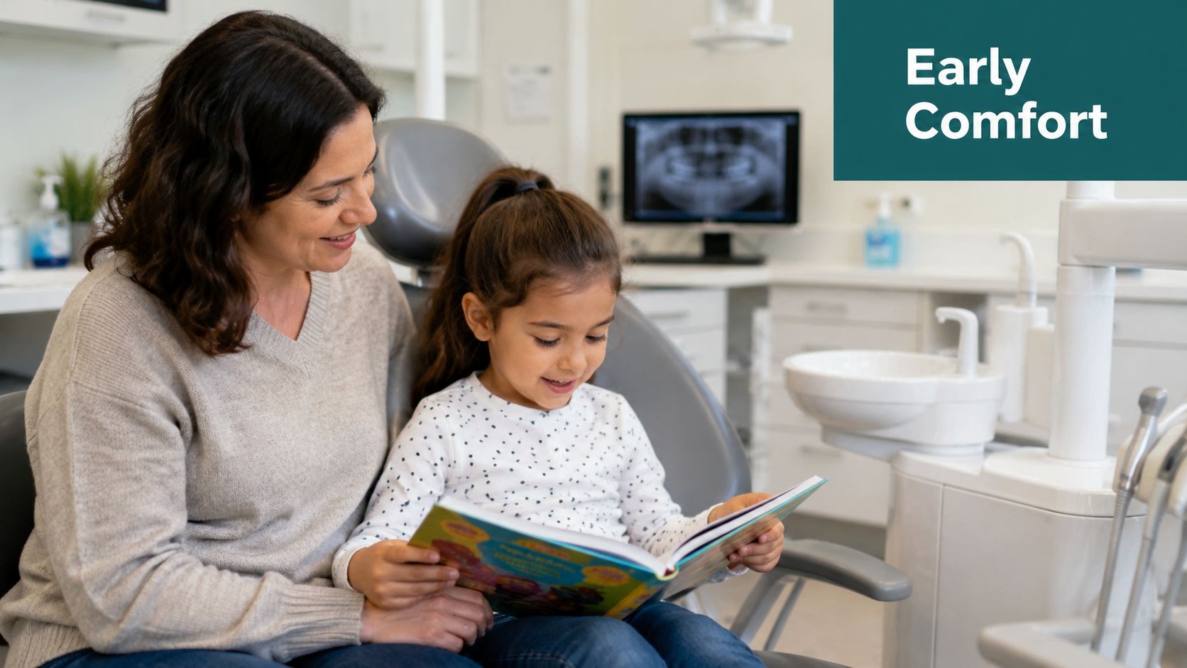 A mother and young daughter reading a book together in a comfortable dental office environment.