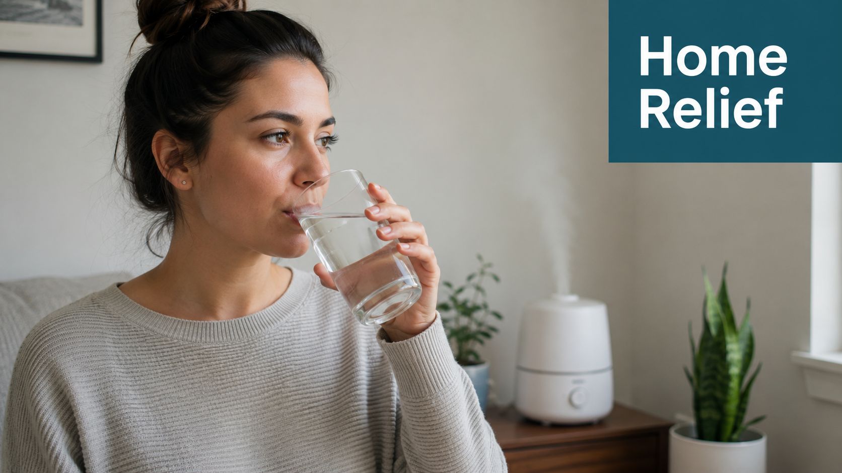 A woman drinking a glass of water at home with a humidifier running in the background.