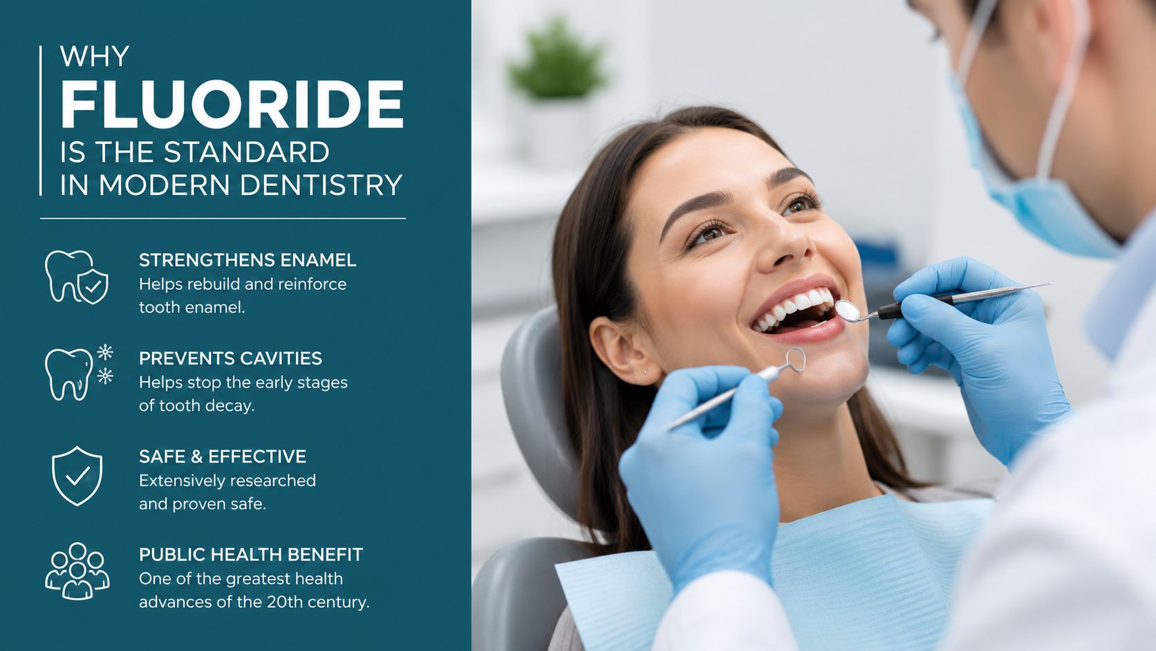 A female patient smiling while a dentist performs a checkup, highlighting the benefits of using dental fluoride.