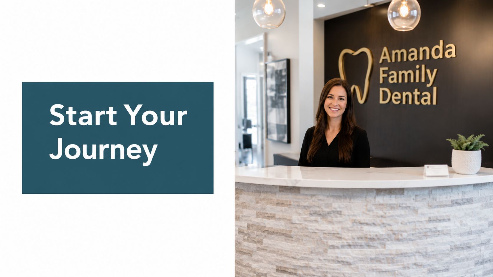 A smiling female receptionist standing at the front desk of a modern dental office.