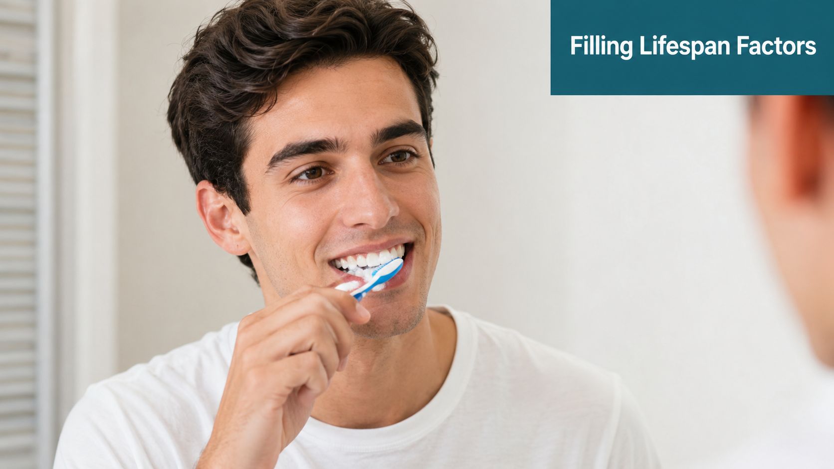 A young man smiling while brushing his teeth in front of a mirror in a bathroom.