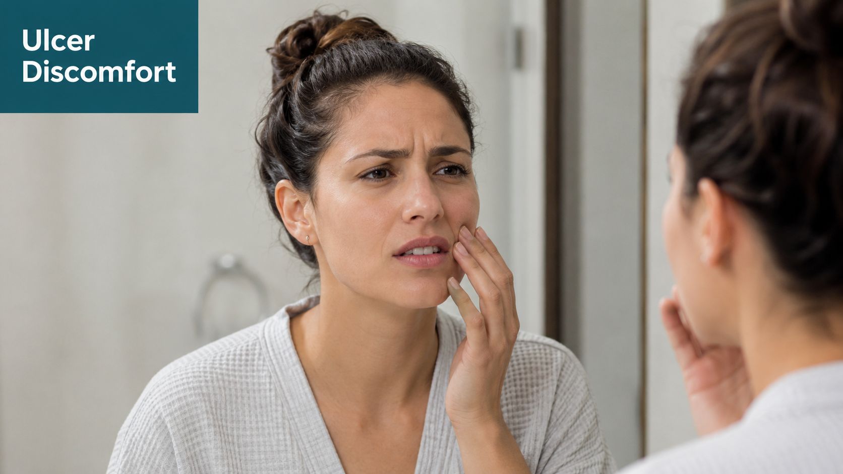 A young woman looking in the mirror and touching her cheek, experiencing discomfort from a mouth ulcer.