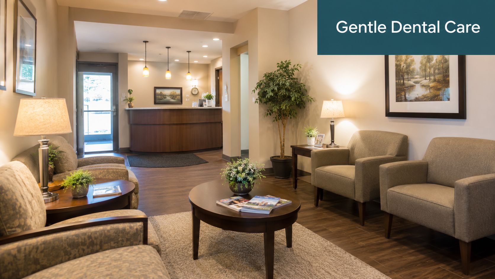 A warm and inviting reception area for Gentle Dental Care with comfortable seating and soft lighting.