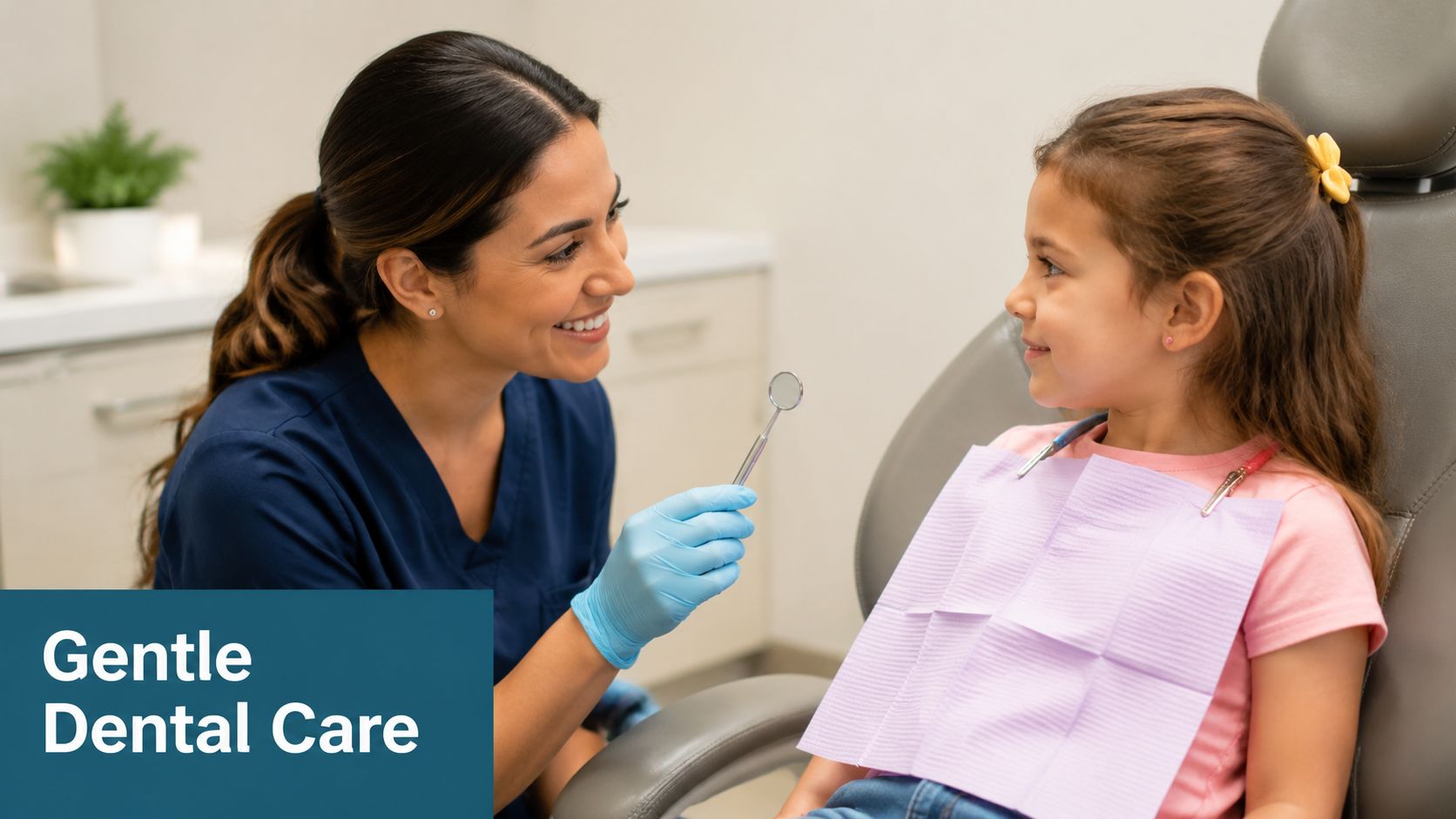 A friendly female dentist in blue scrubs talking to a smiling young girl in a dental chair.