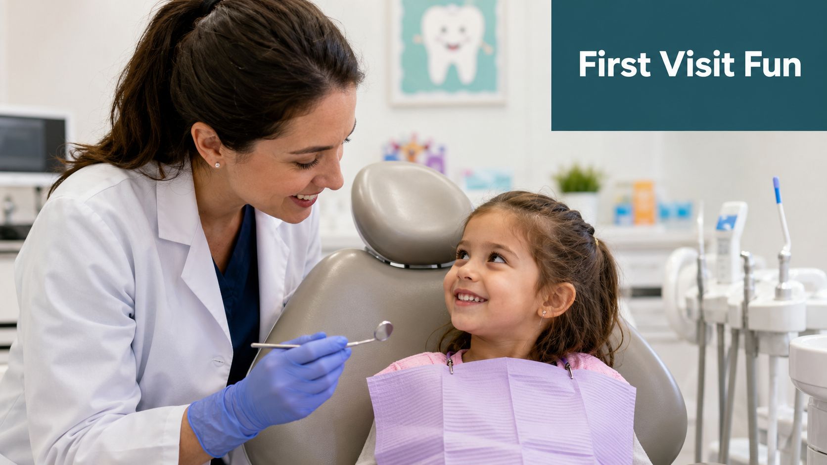 A friendly pediatric dentist smiling at a young girl sitting in a dental chair for her checkup.