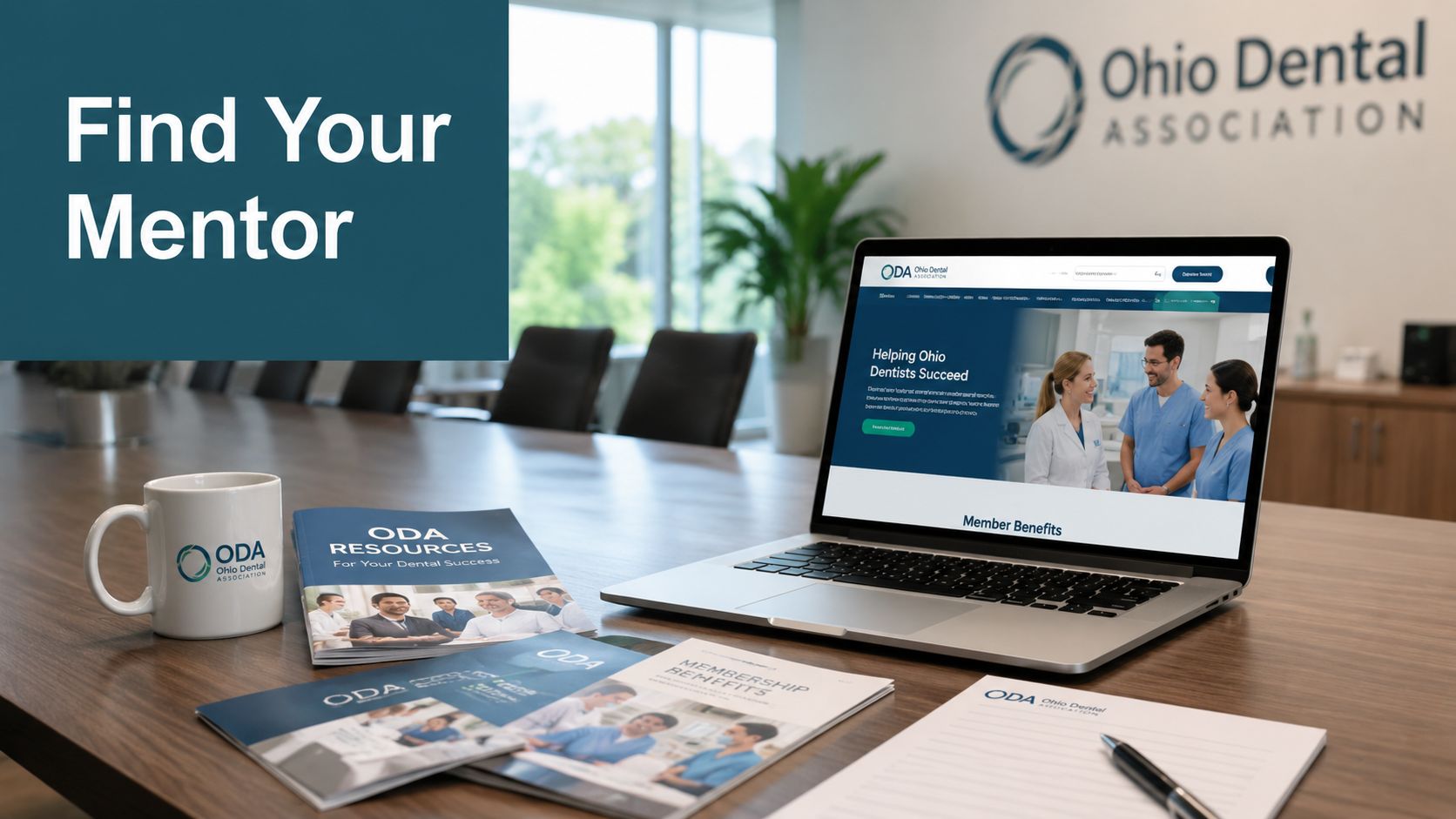 A laptop on a boardroom table displaying the Ohio Dental Association website alongside brochures and a branded mug.