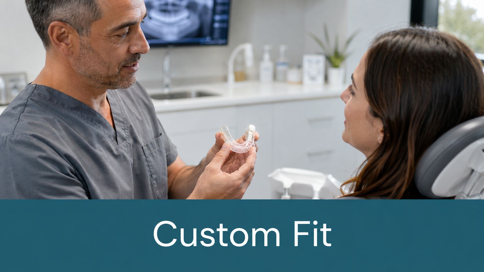 A dentist shows a custom-fit dental appliance to a female patient during a dental consultation session.