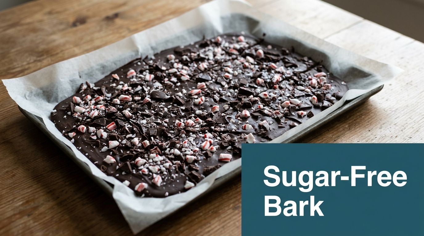 A tray of homemade dark chocolate peppermint bark topped with crushed candy pieces on parchment paper.