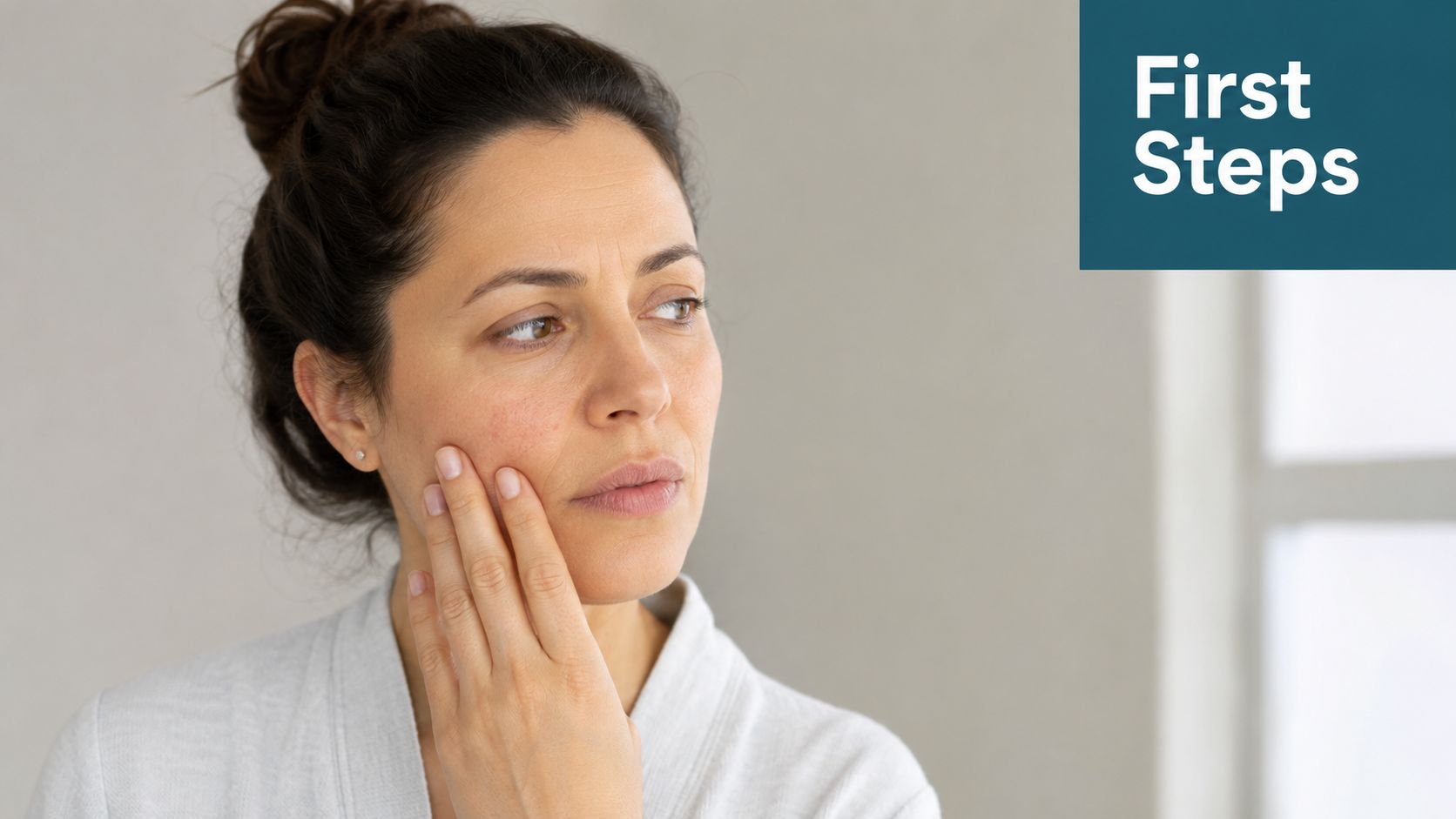 A woman looks concerned while touching her cheek, representing someone dealing with a dental issue.