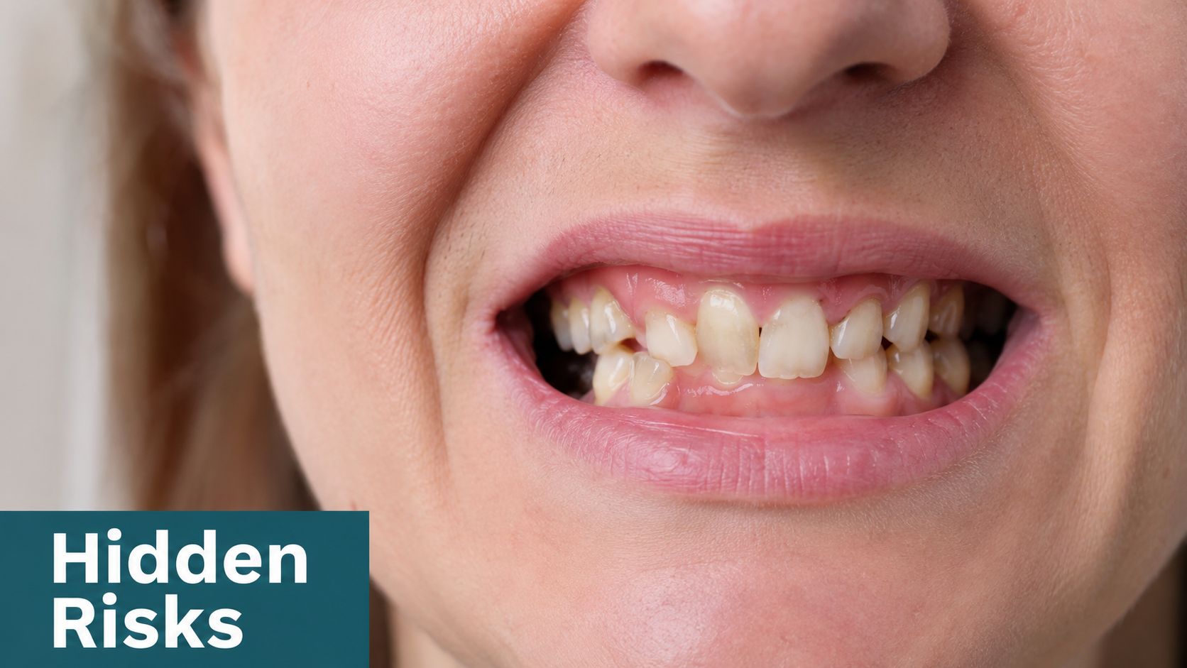 A close-up view of a person's mouth showing teeth with some spacing and alignment issues.