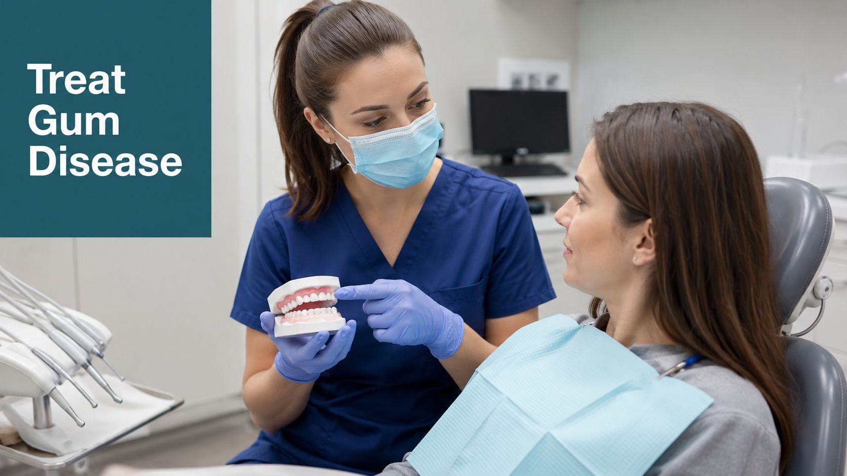 A dentist wearing a mask and gloves explains dental health using a model of teeth to a patient.