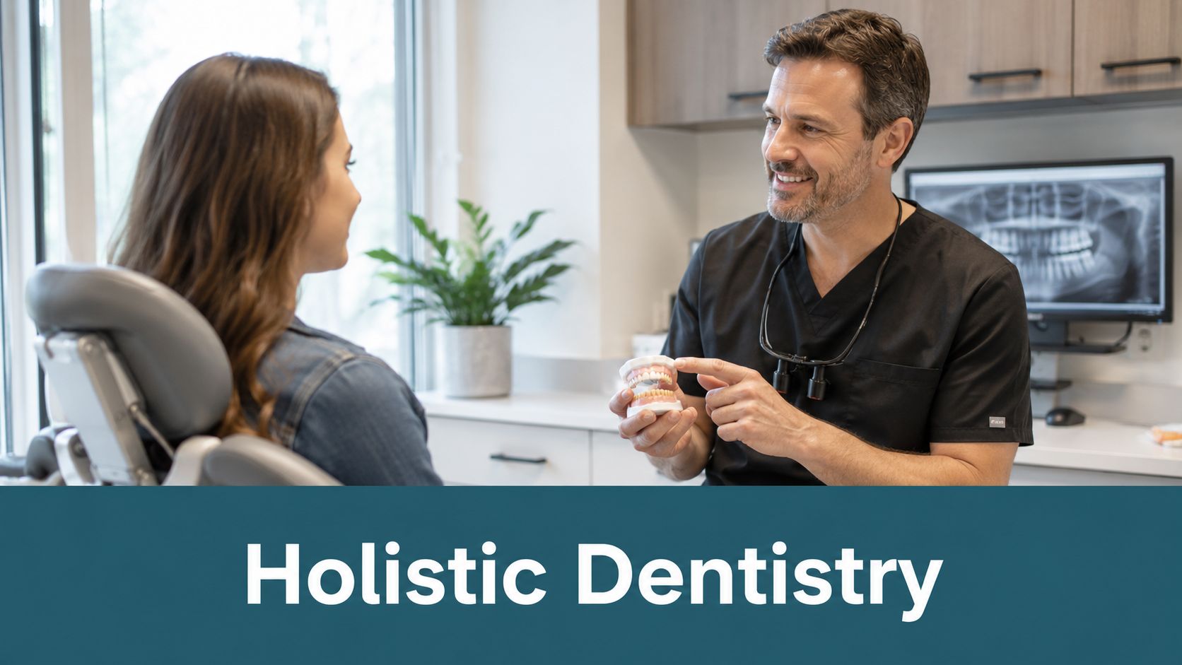 A dentist explains cavity filling options to a female patient while holding a model of teeth.