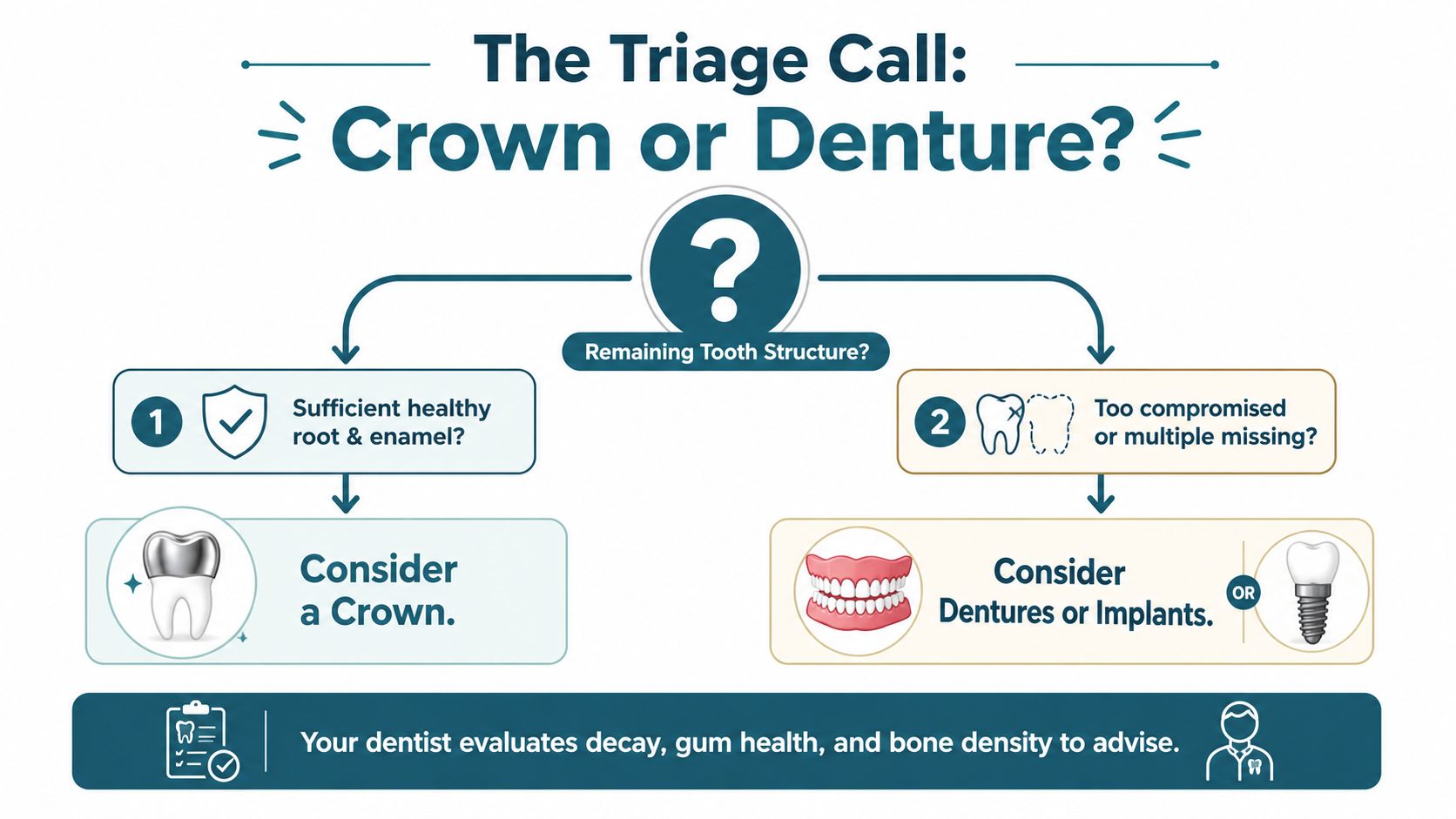 A dental triage flowchart explaining when a dentist might recommend a crown, dentures, or implants for patients.
