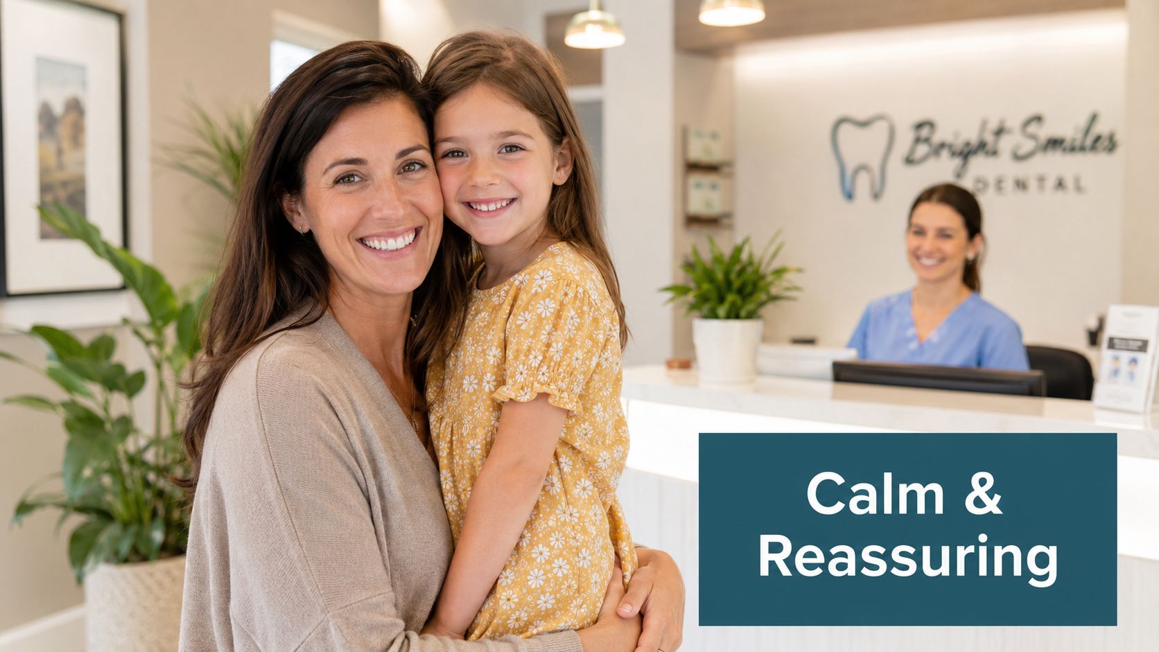 A happy mother holding her daughter in a bright and welcoming dental office reception area.
