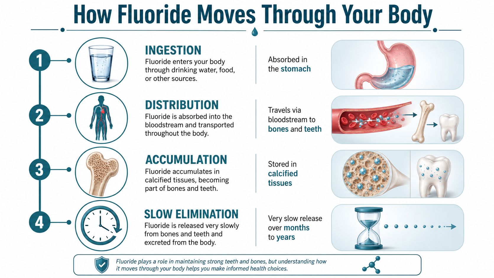 An infographic detailing the biological process of how fluoride is ingested, distributed, accumulated, and eliminated from the body.