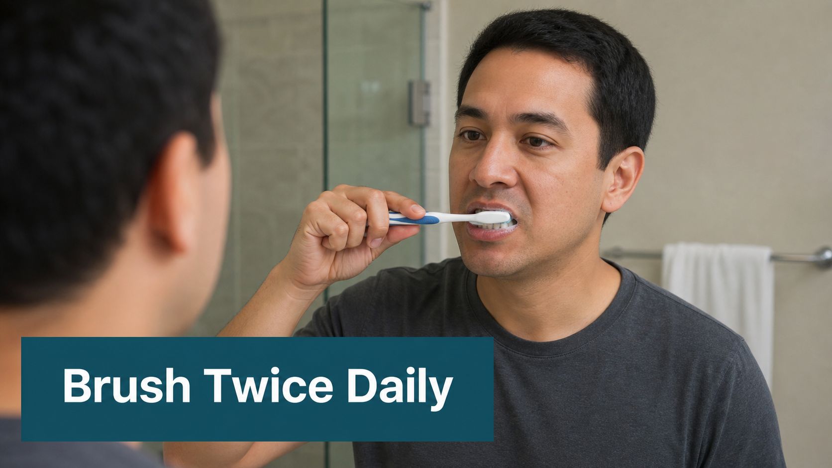 A man in a dark grey t-shirt brushing his teeth while looking into a bathroom mirror.