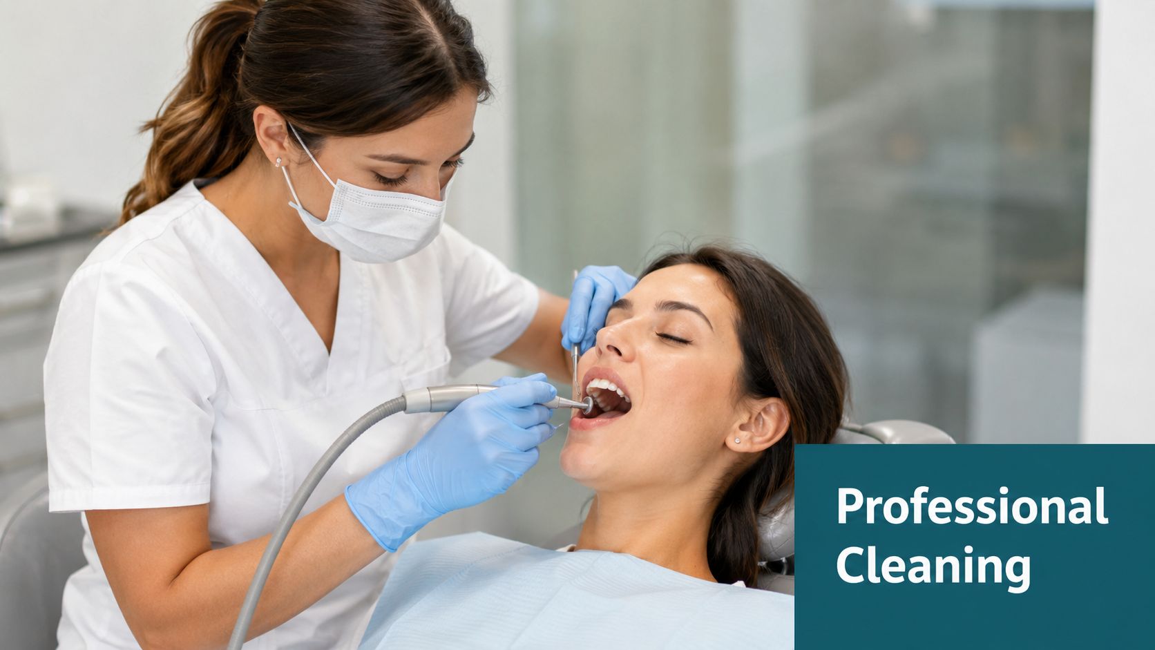 A professional dentist wearing a mask and gloves performing a dental cleaning on a female patient.