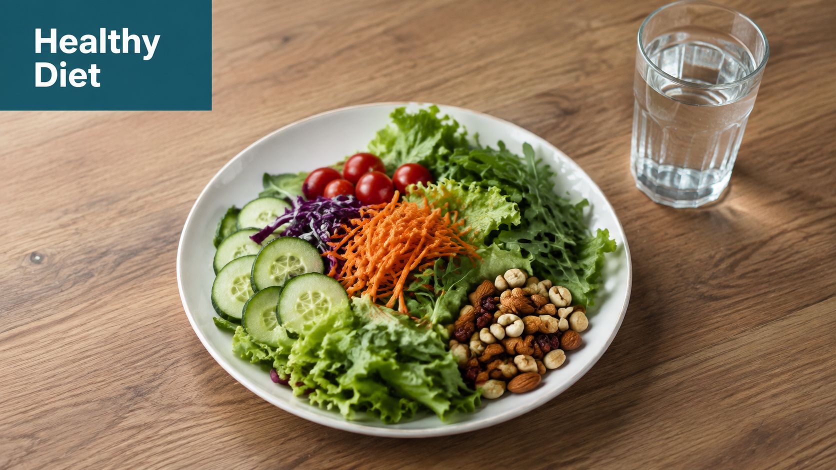 A fresh and nutritious vegetable salad in a white bowl with a glass of water nearby.