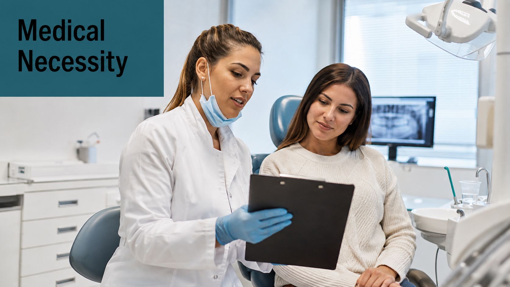 A female dentist in a white coat showing a clipboard to a patient in a dental office.