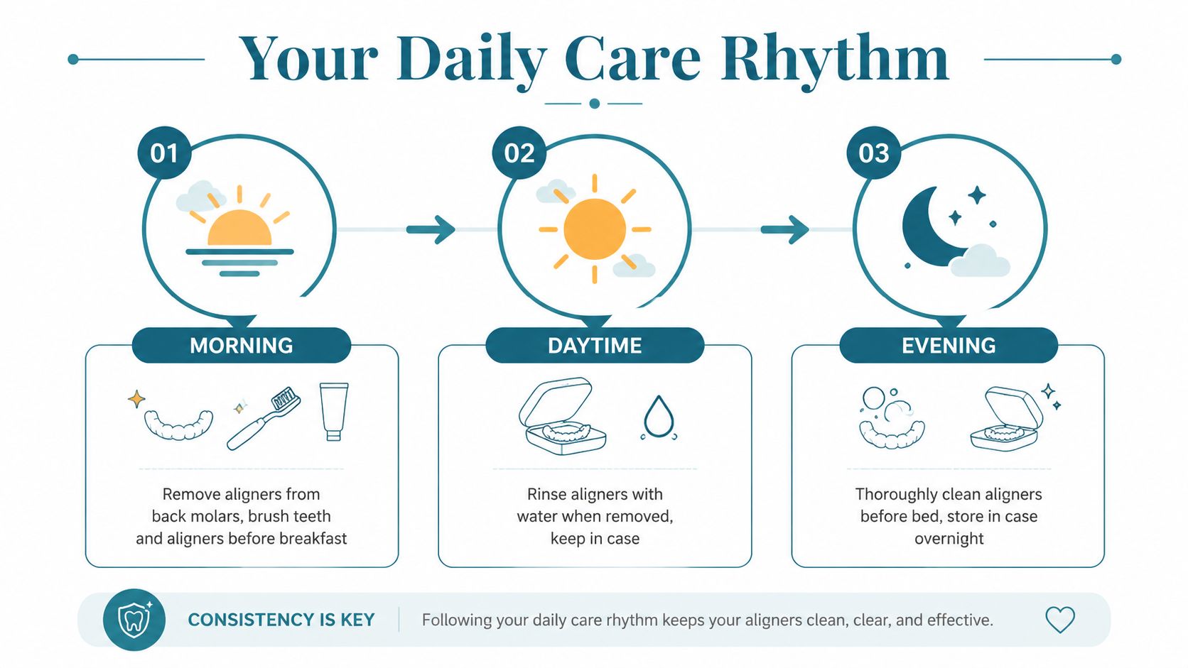 An infographic showing the daily care routine for teeth aligners during morning, daytime, and evening hours.
