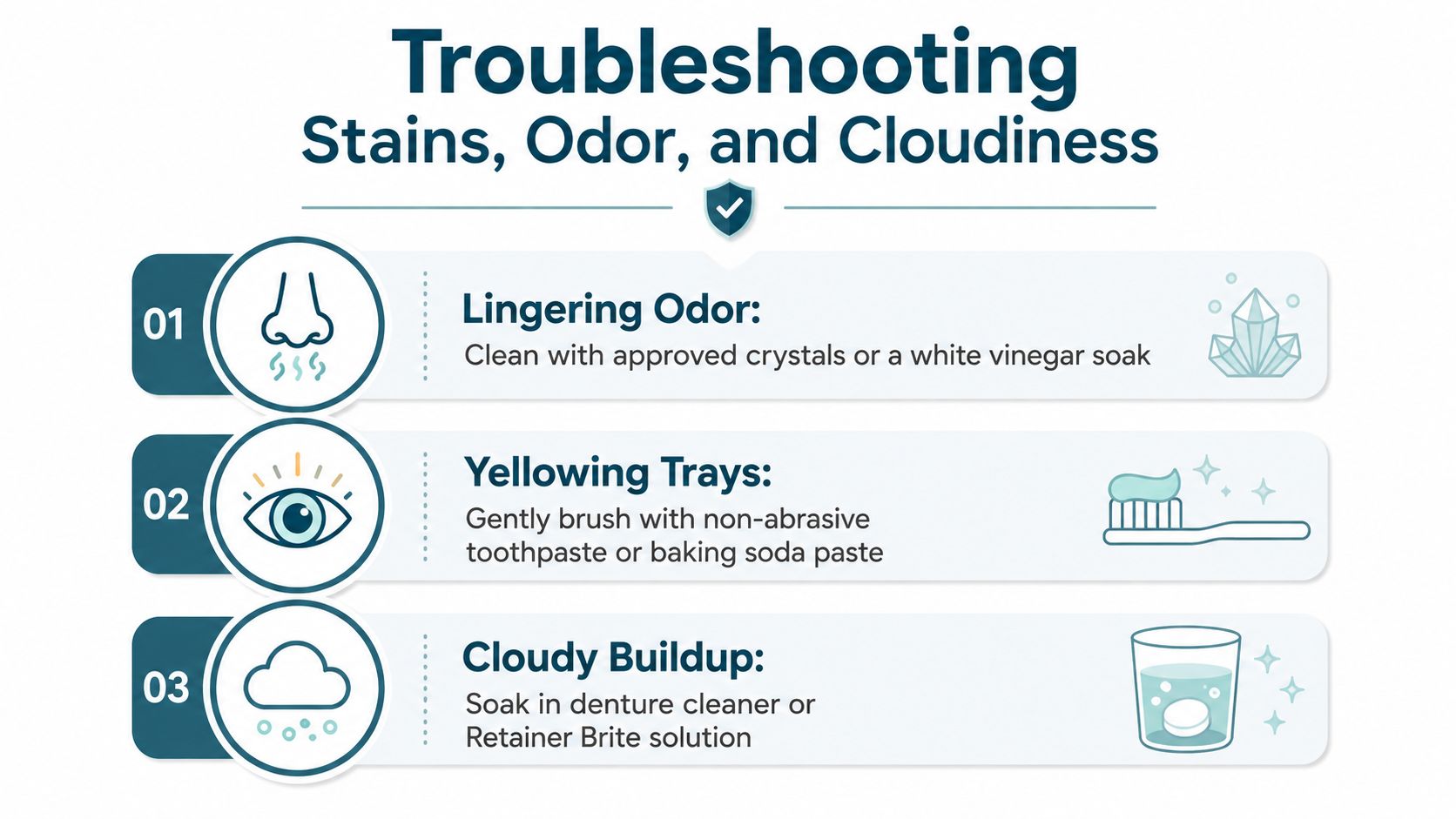 A troubleshooting guide for Invisalign trays offering tips to remove odors, yellow stains, and cloudy buildup.