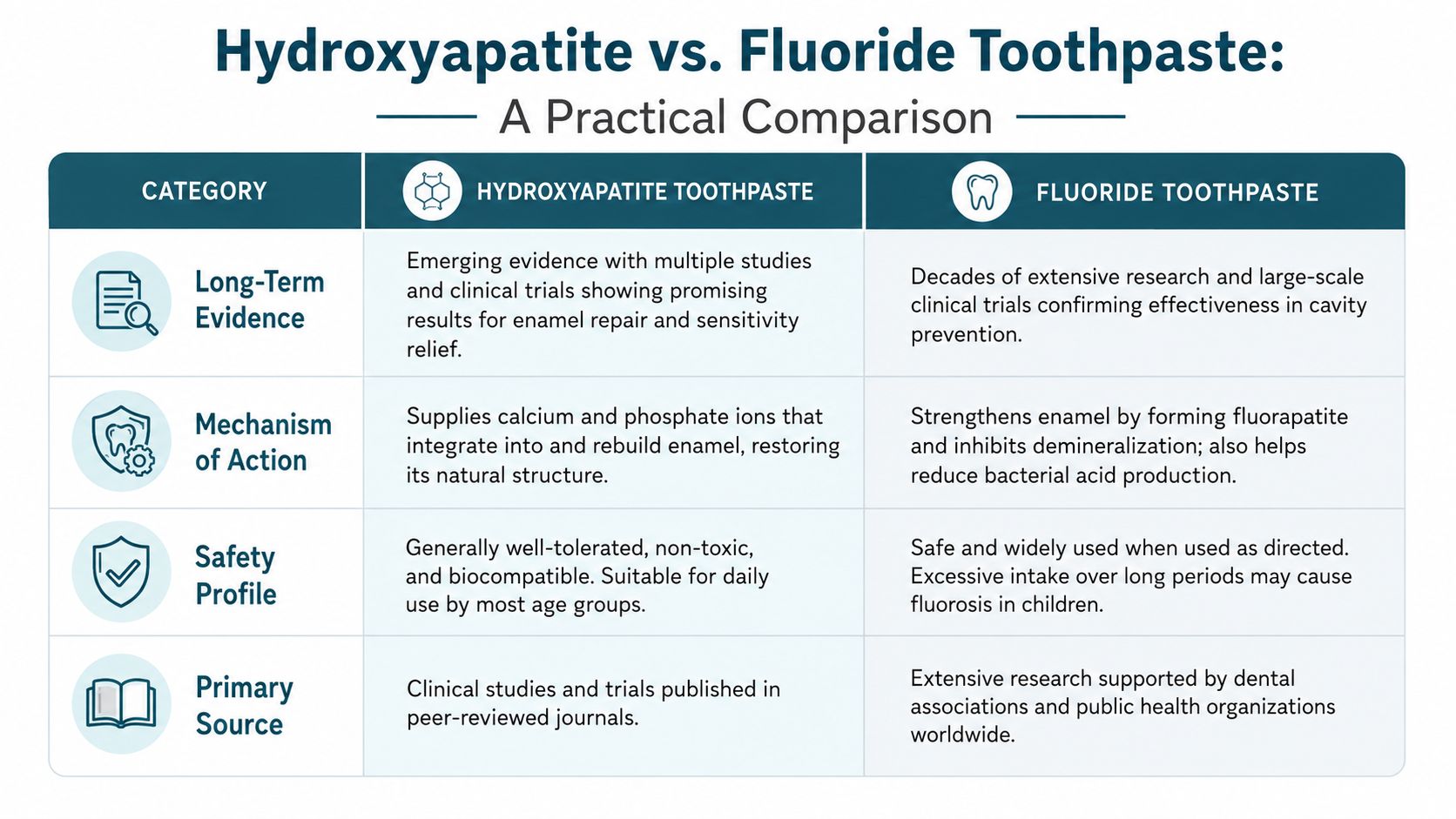 A comparison table outlining the key differences between hydroxyapatite toothpaste and traditional fluoride toothpaste formulations.