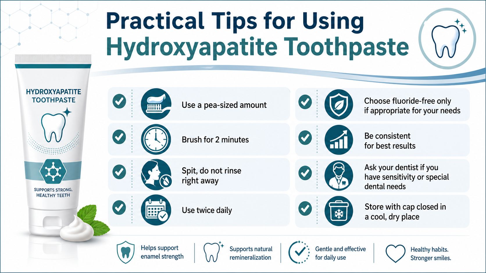 An infographic detailing practical tips for using hydroxyapatite toothpaste to support strong and healthy teeth.