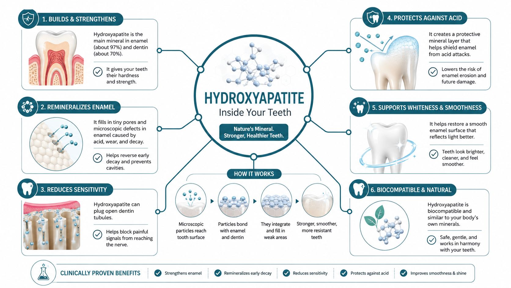 An infographic detailing the six primary dental health benefits of hydroxyapatite for strengthening and protecting human teeth.