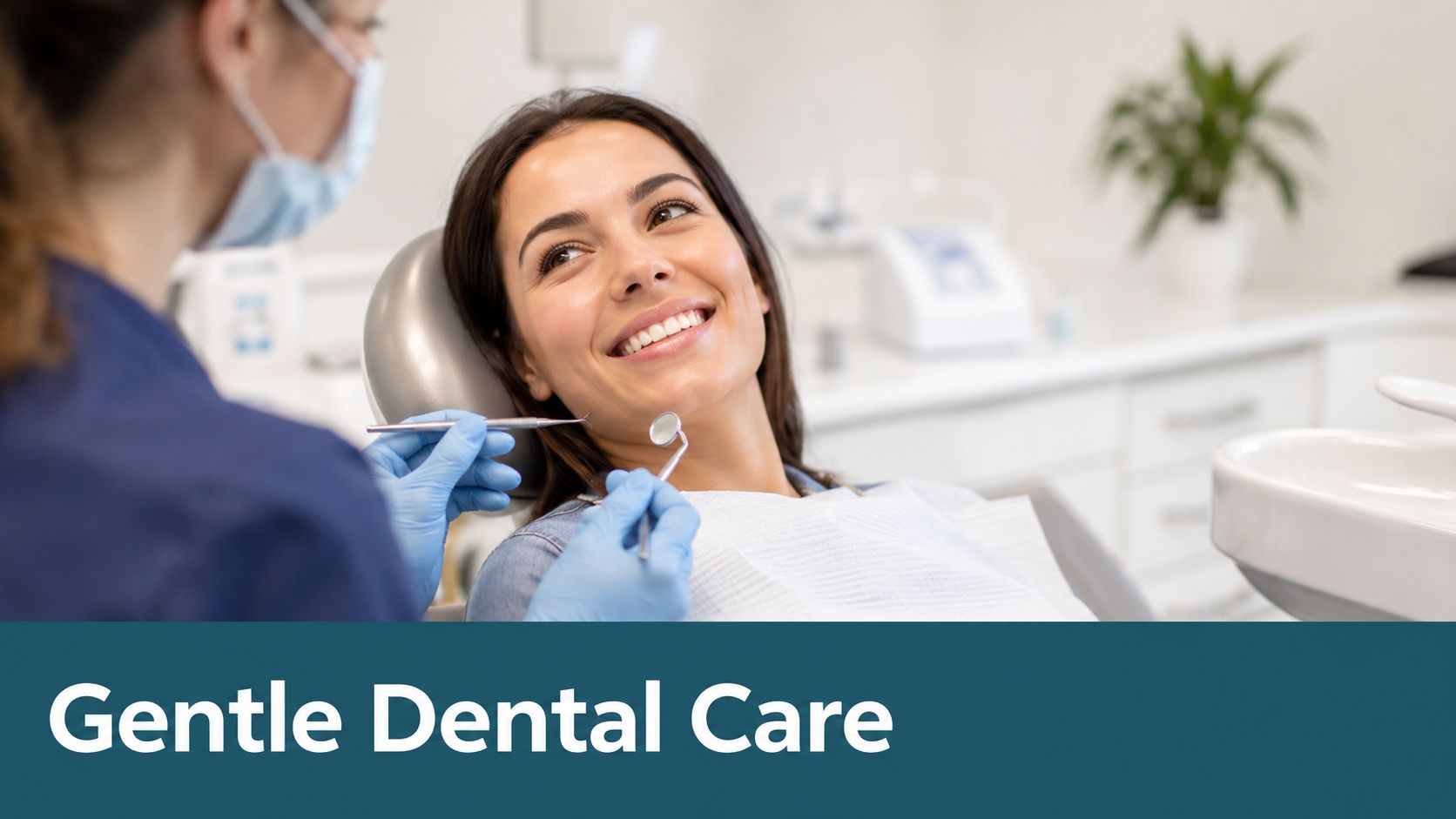 A smiling patient receives a comfortable checkup from a dentist wearing blue gloves in a modern clinic.