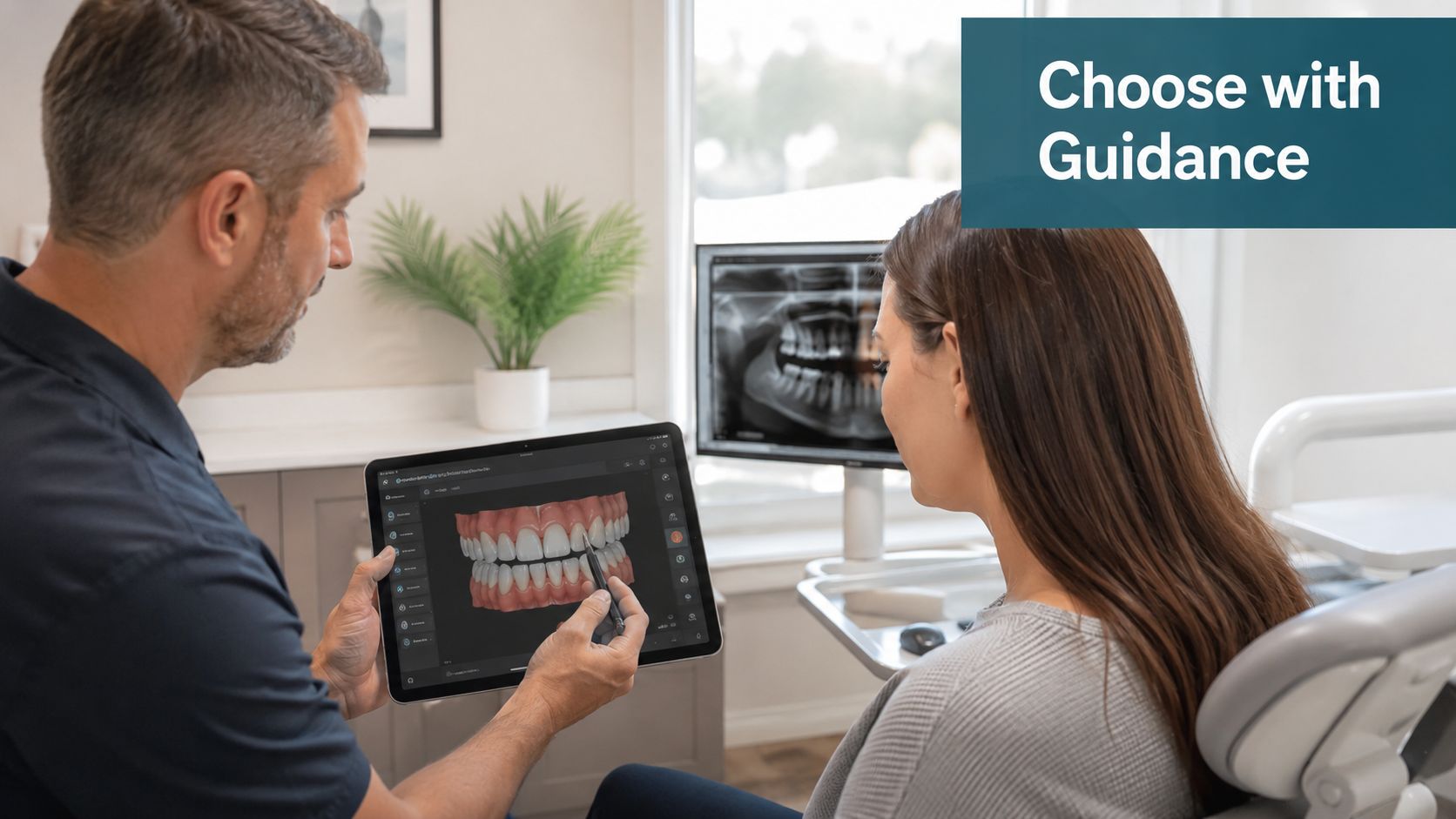 A dentist shows a digital 3D model of teeth on a tablet to a female patient.