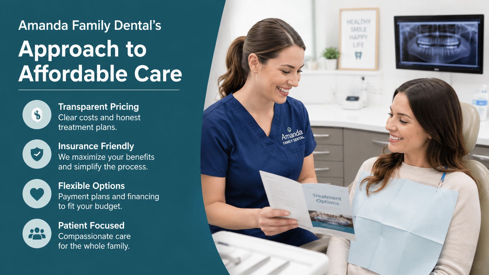 A friendly dental professional explains treatment and financing options to a smiling patient at Amanda Family Dental.