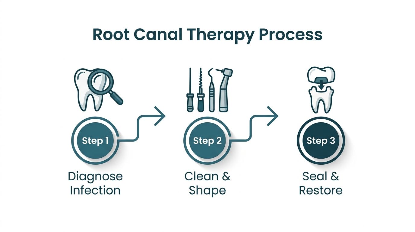 A three-step infographic illustrating the dental root canal therapy process from diagnosis to final restoration.
