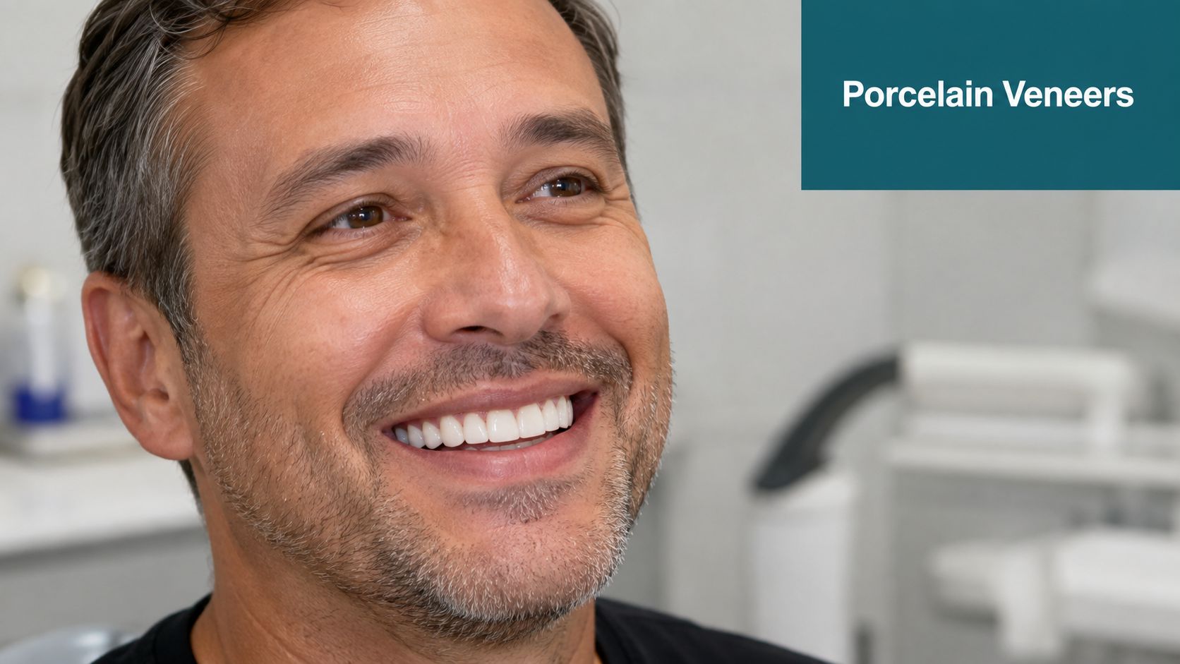 A smiling middle-aged man showing his bright, straight teeth after receiving porcelain dental veneers treatment.