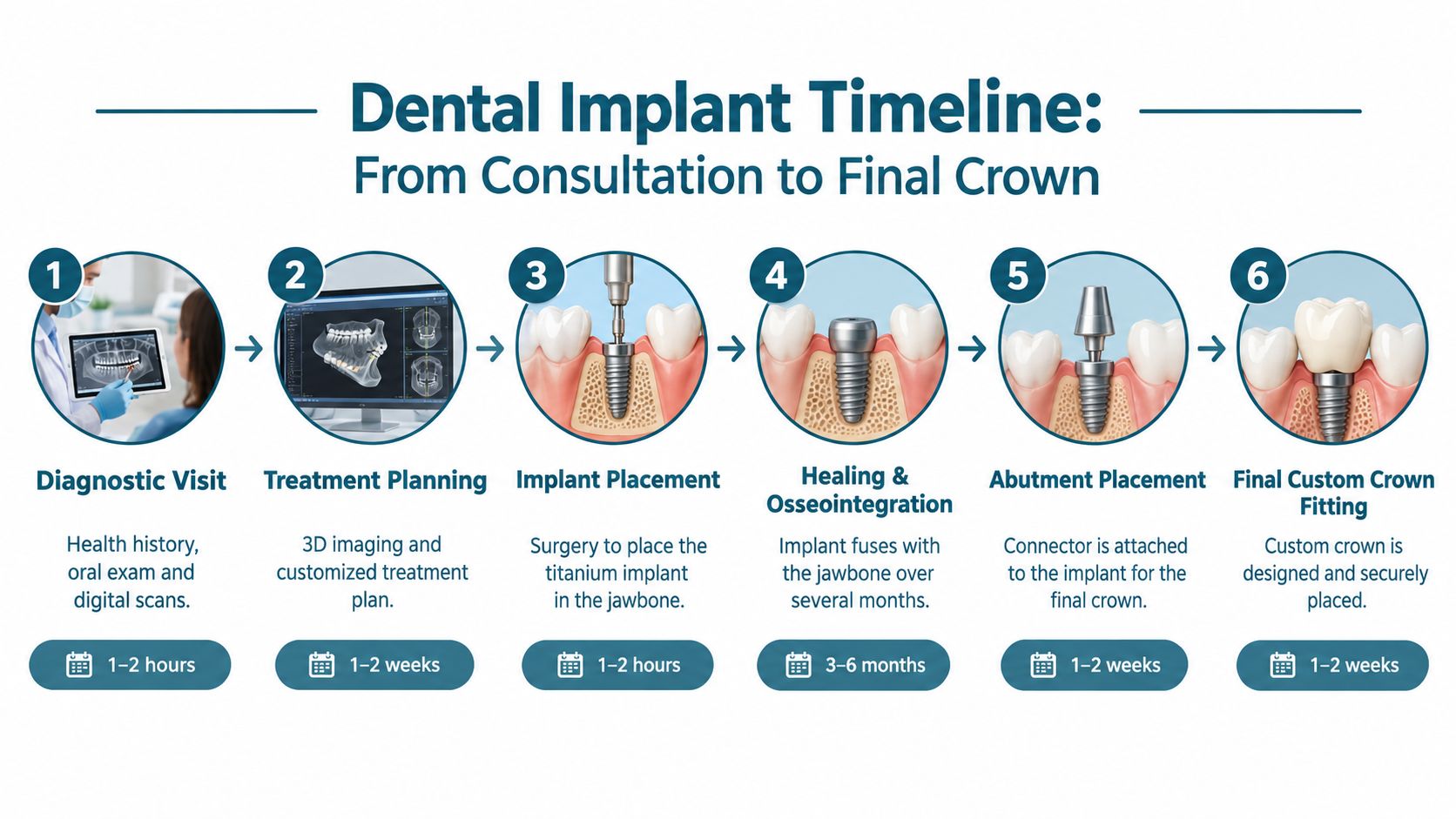 A six-step infographic illustrating the comprehensive dental implant process from the initial consultation to the final crown.