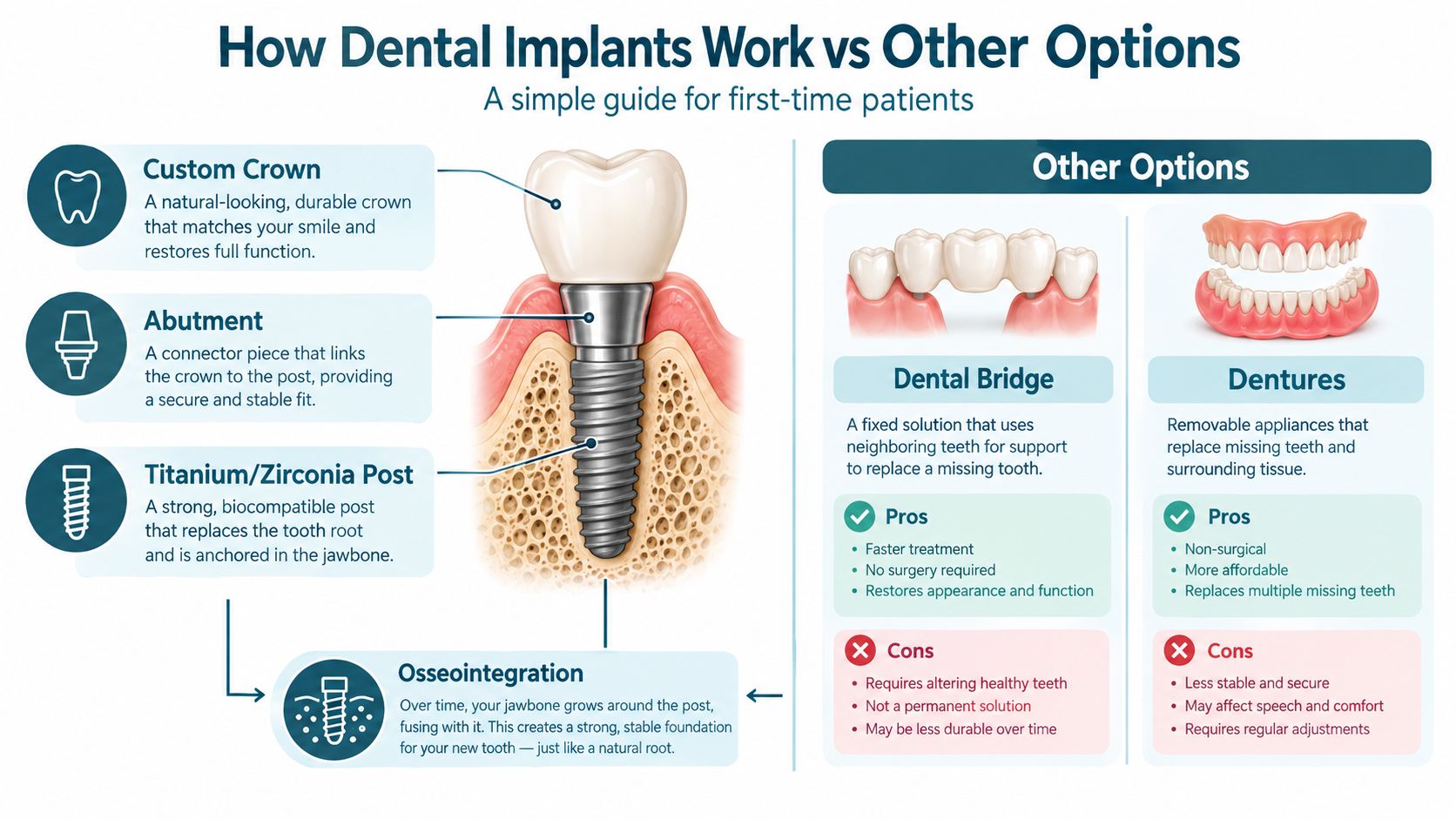 An infographic showing the components of a dental implant compared to a dental bridge and removable dentures.