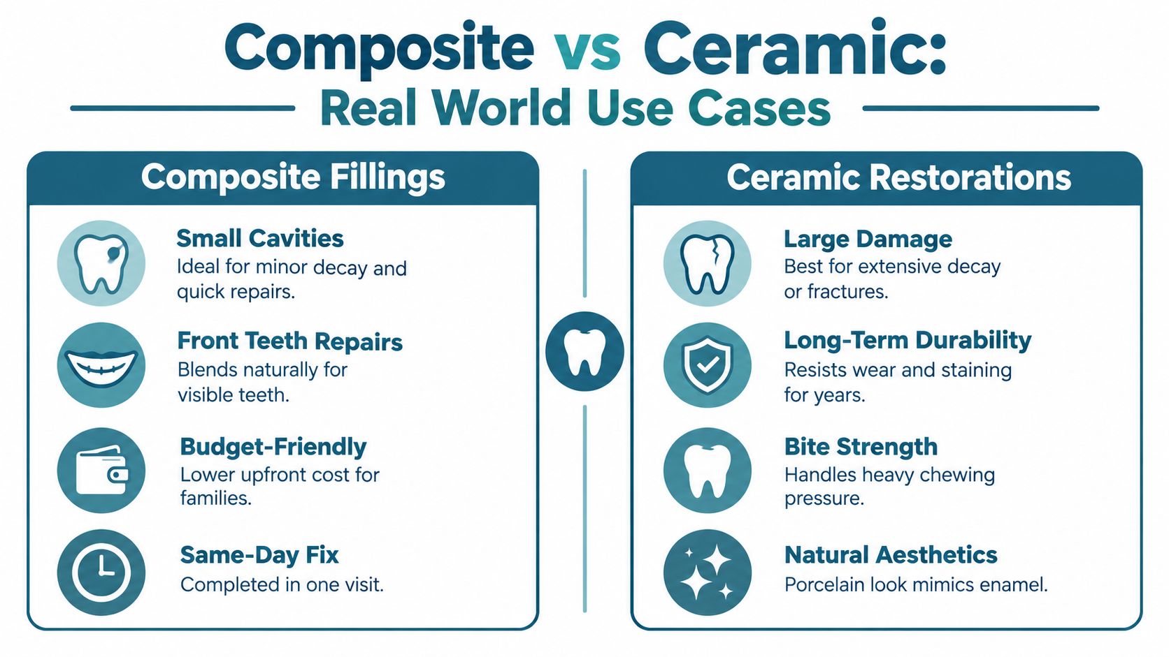 A comparison chart showing the differences between composite fillings and ceramic restorations for dental health applications.