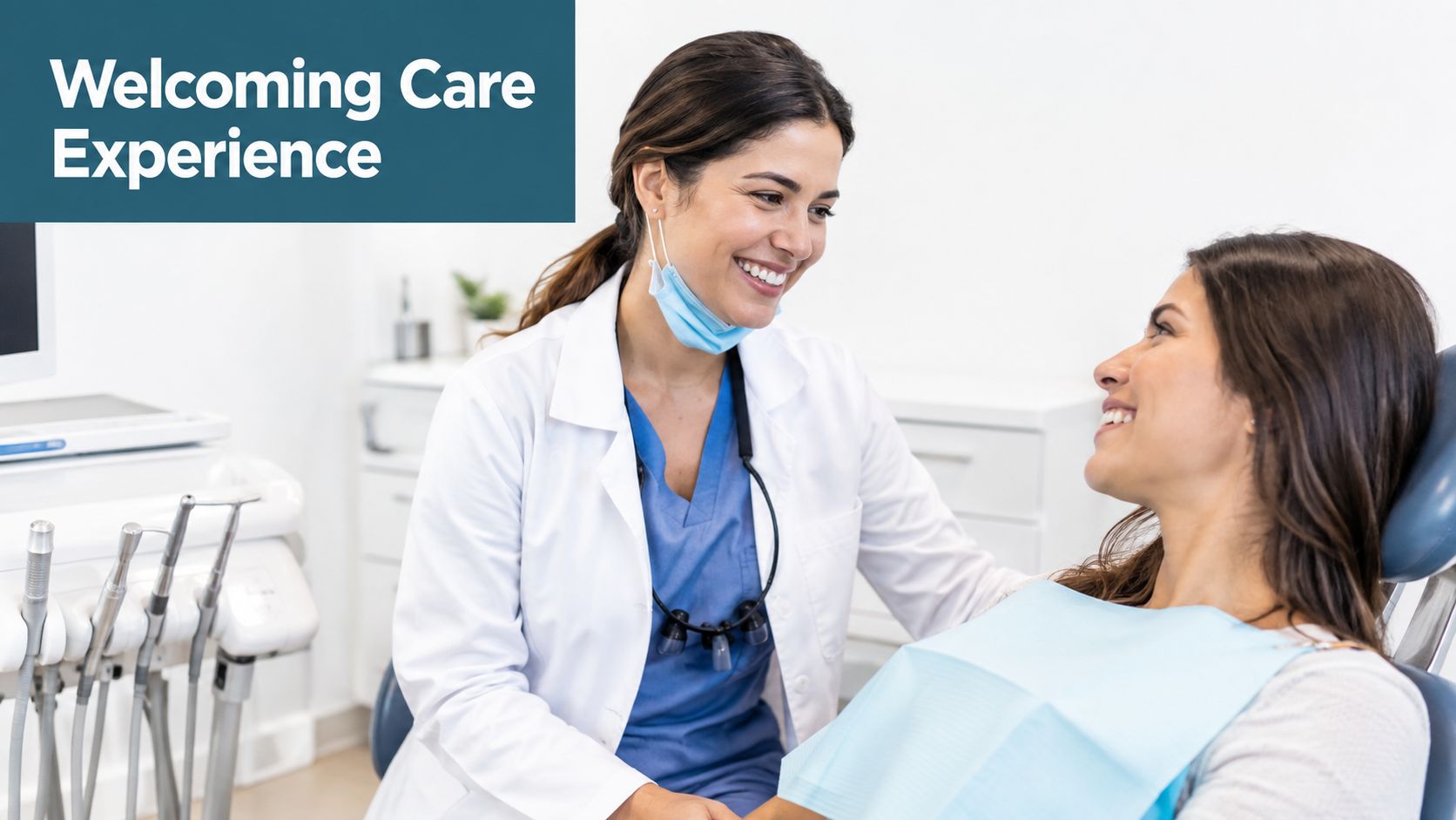 A smiling female dentist having a friendly and professional consultation with her patient in a clinic.