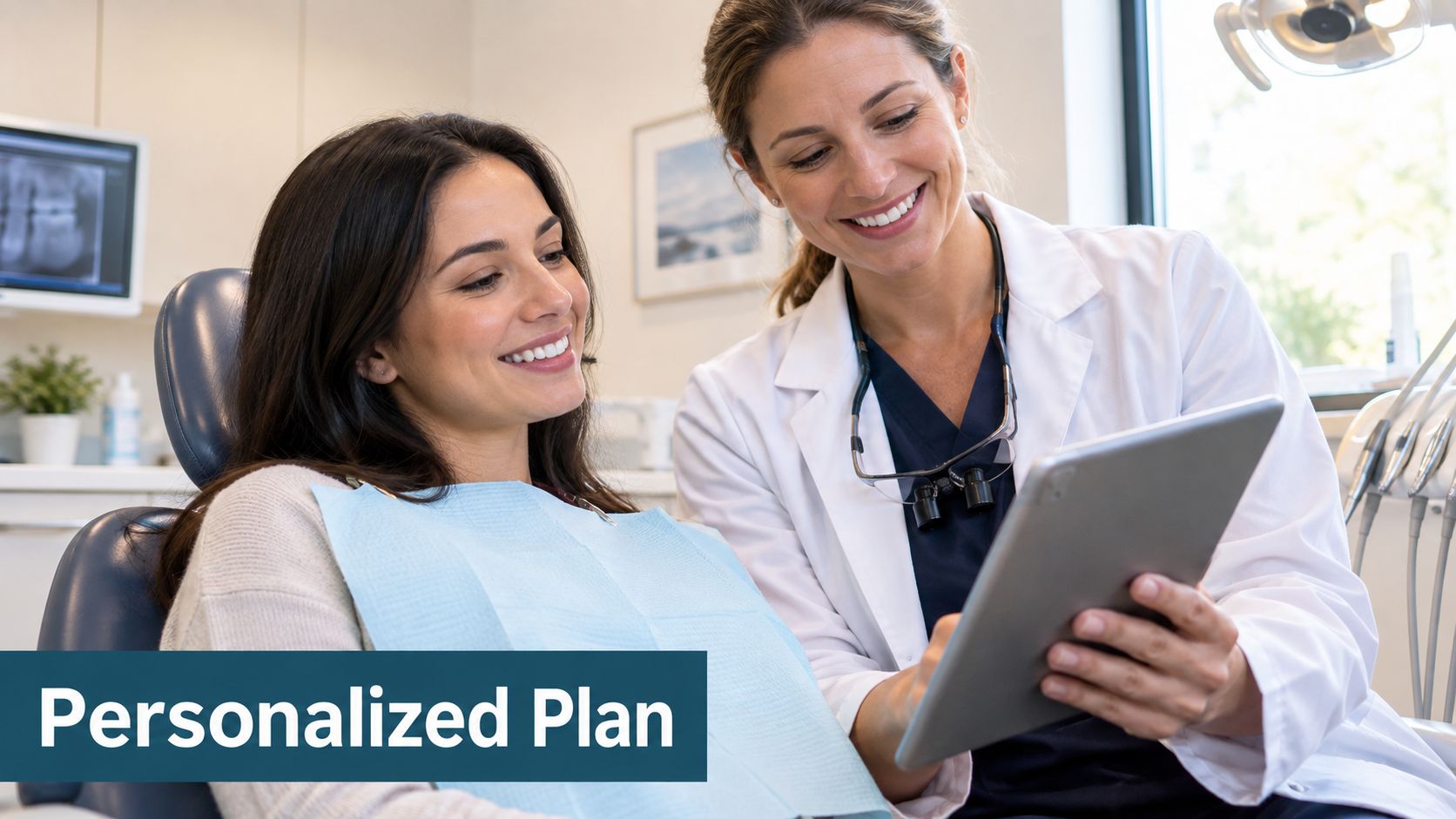 A friendly female dentist explains a personalized dental treatment plan on a tablet to a smiling patient.