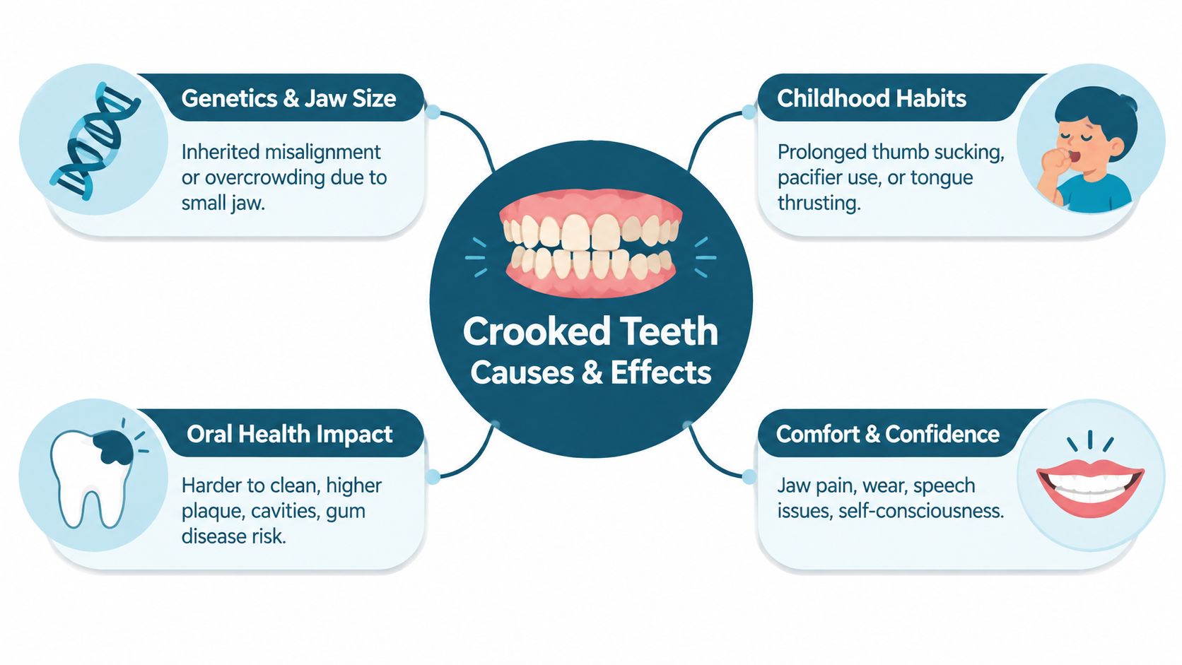 An infographic showing the various causes and negative effects associated with having crooked teeth.