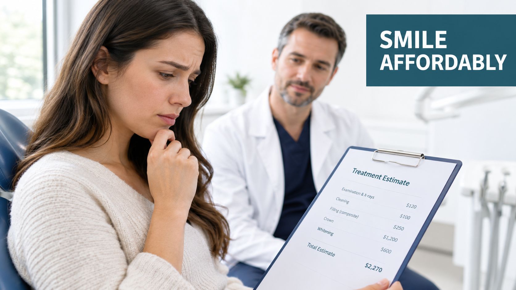 A concerned patient looking at a dental treatment estimate while consulting with her dentist in a clinic.