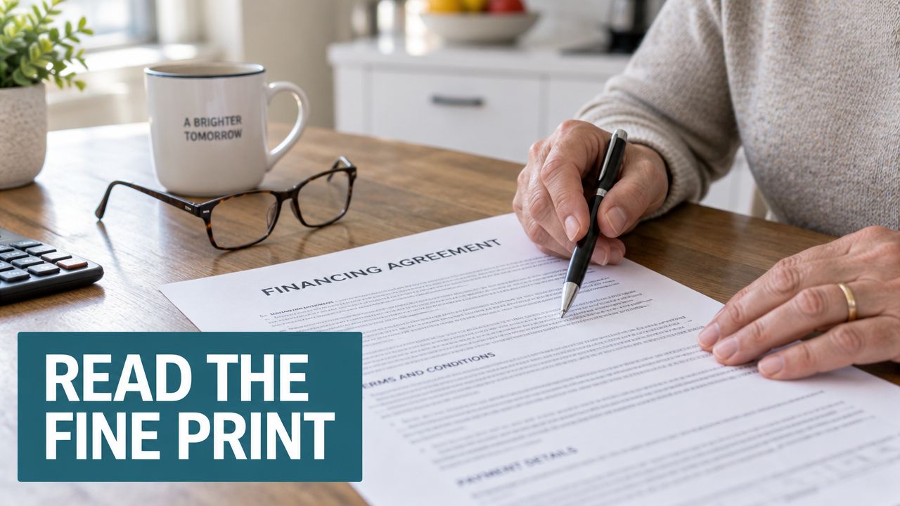 A person sits at a wooden table reviewing a financing agreement document with a pen in hand.