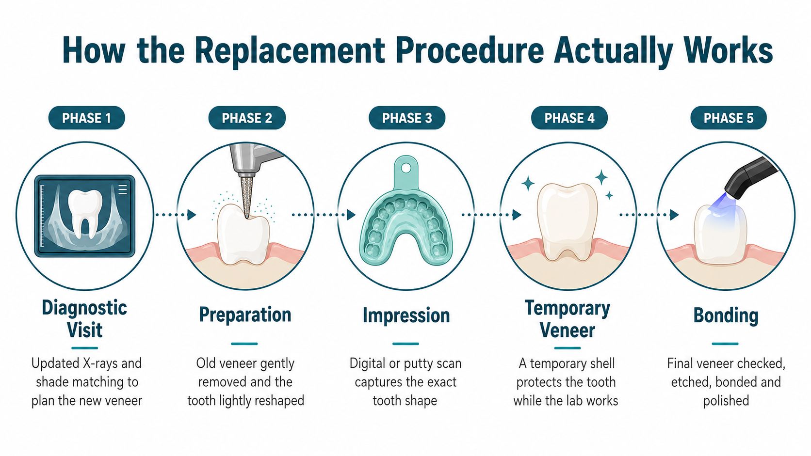 An infographic detailing the five phases of the dental veneer replacement process from diagnostic visit to final bonding.