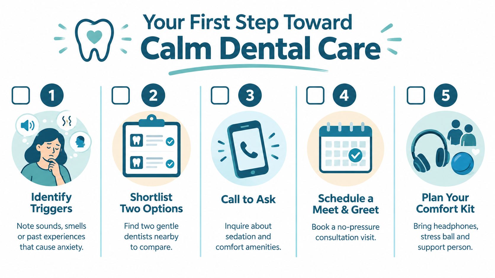 A five-step guide on how to approach a dental visit if you experience anxiety or stress.