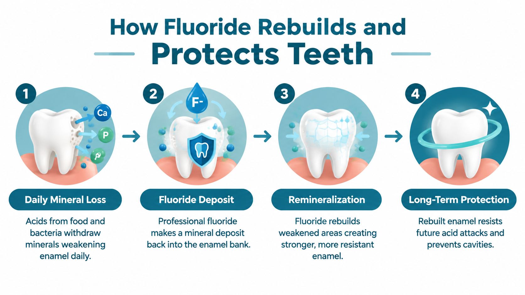 An infographic showing the four stages of how fluoride helps rebuild and protect tooth enamel from decay.