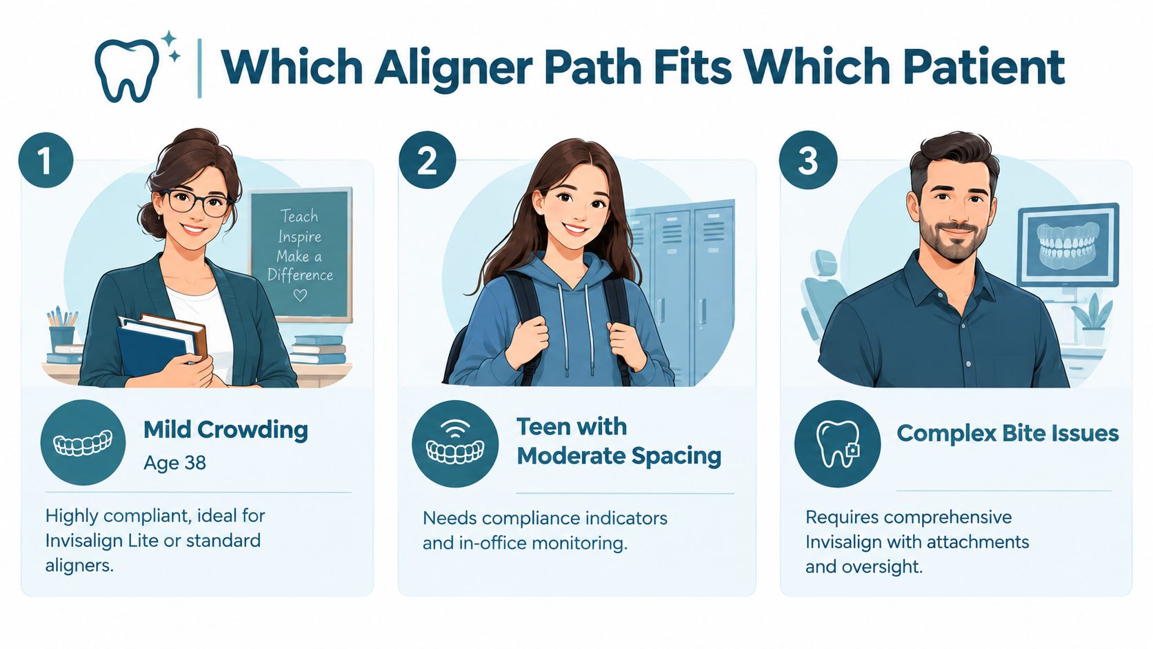 An infographic displaying three distinct patient types and their appropriate Invisalign treatment paths based on clinical needs.