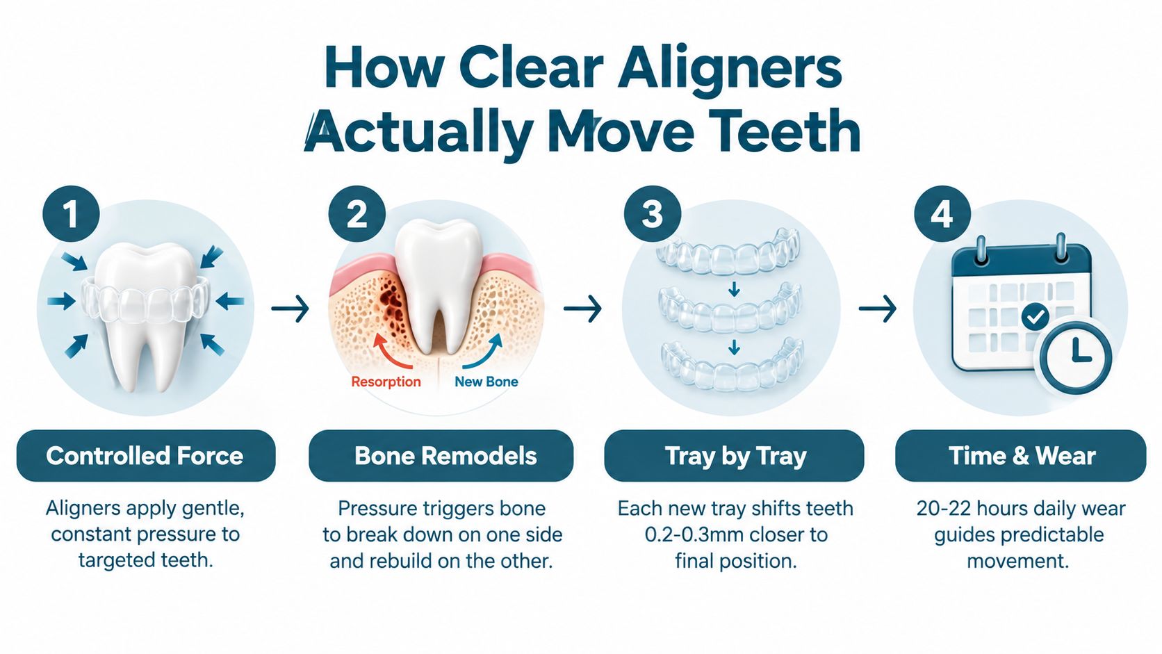 An infographic showing the four-step process of how clear aligners move teeth into their final position.