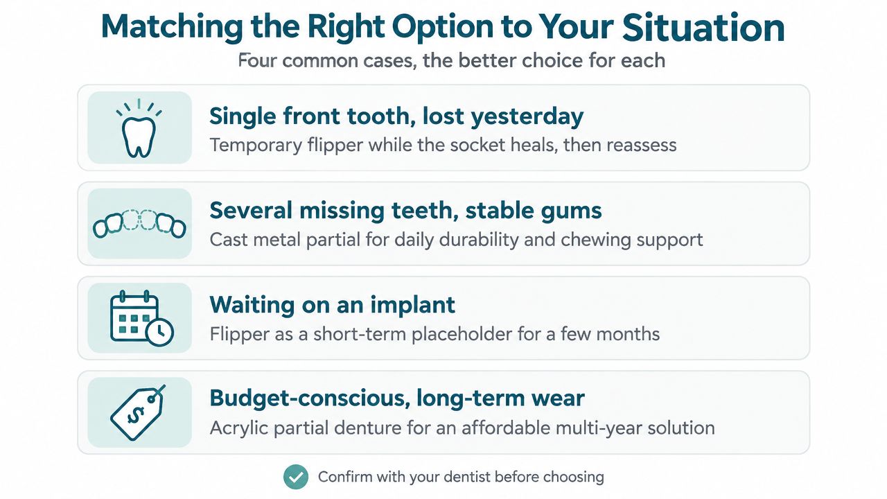 A chart showing dental options for missing teeth, including flippers, cast metal, and acrylic partial dentures.