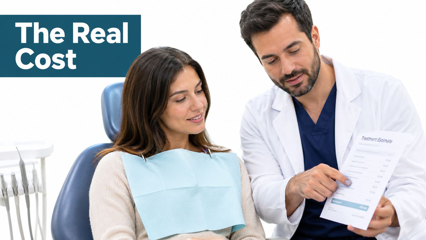 A dentist shows a female patient a treatment estimate document in a modern dental office setting.