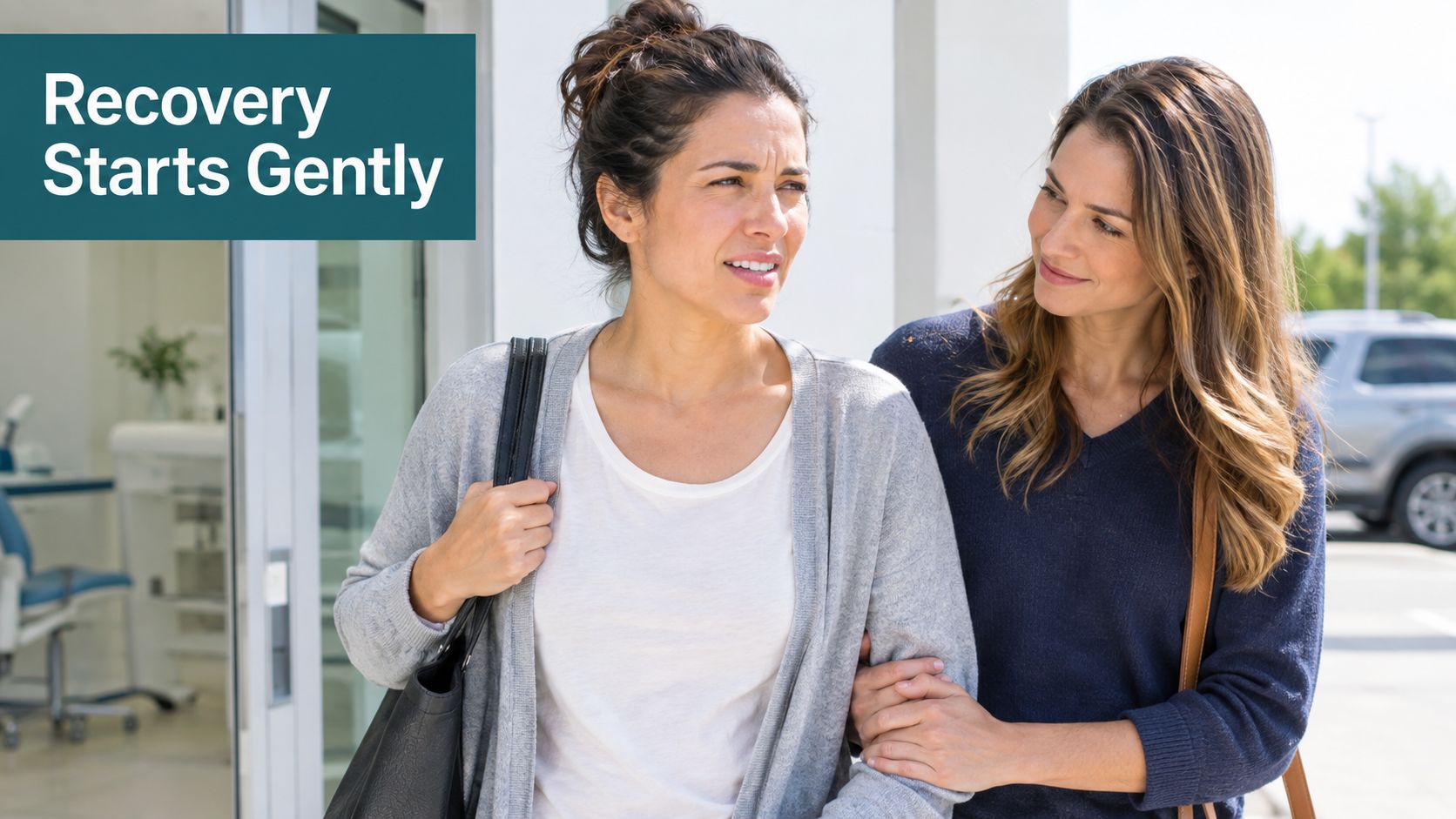 A supportive friend gently walking with a woman recovering after a medical procedure outside a clinic.