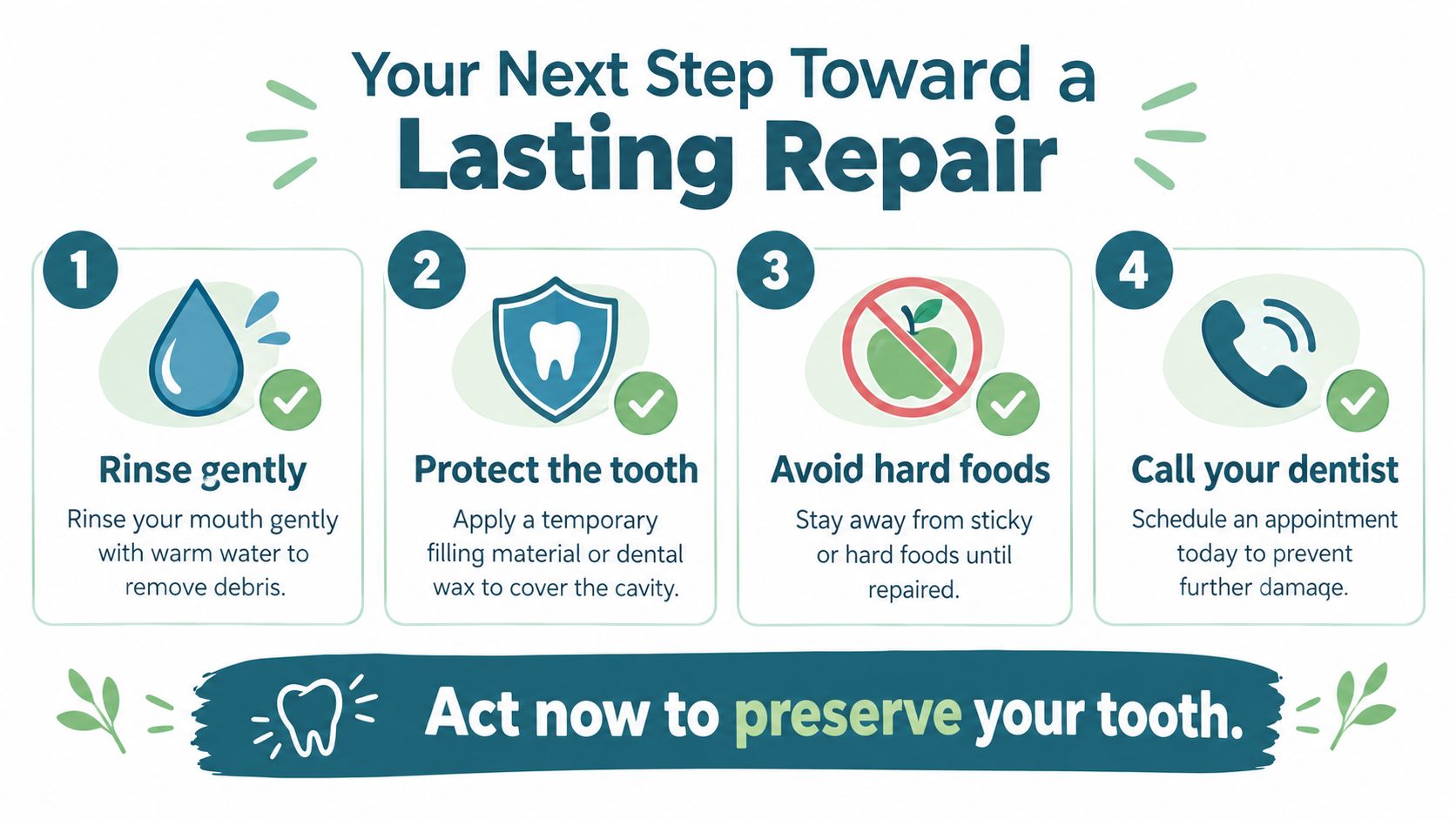 An infographic showing four steps to handle a lost dental filling before visiting a dentist.